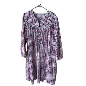 Lanz of Salzburg Womens Red White Blue Floral Heart Stripe Flannel Nightgown L